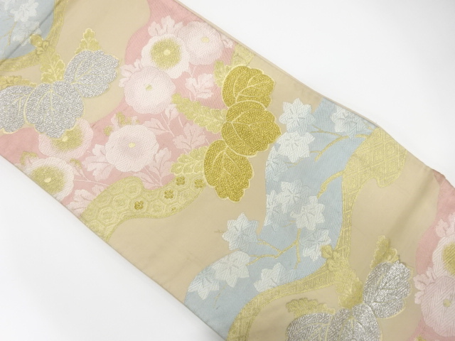 JAPANESE KIMONO / ANTIQUE FUKURO OBI / SILK / WOVEN MANJUKIKU & PAULOWNIA